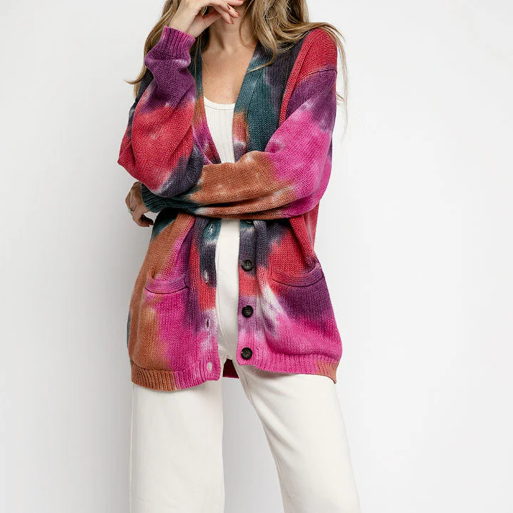 NSF Roger Cardigan Sweater in jewl tone tie dye cotton knit Small
